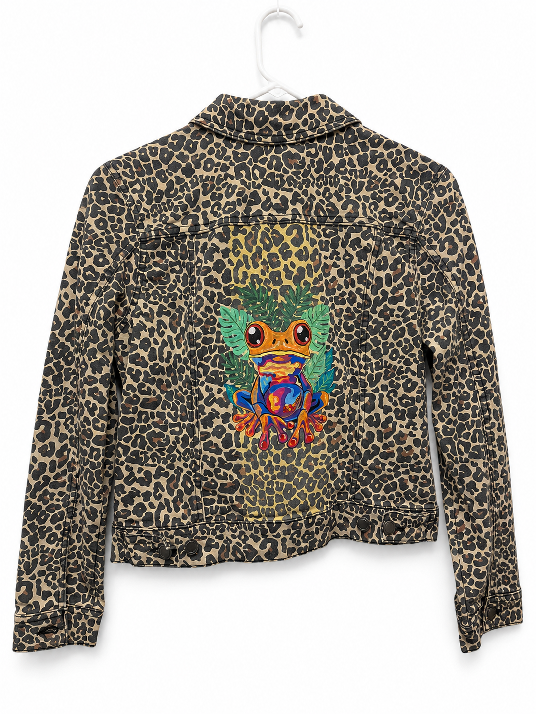 Rainbow Tree Frog Hand-Painted Leopard Denim Jacket