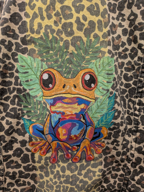 Rainbow Tree Frog Hand-Painted Leopard Denim Jacket